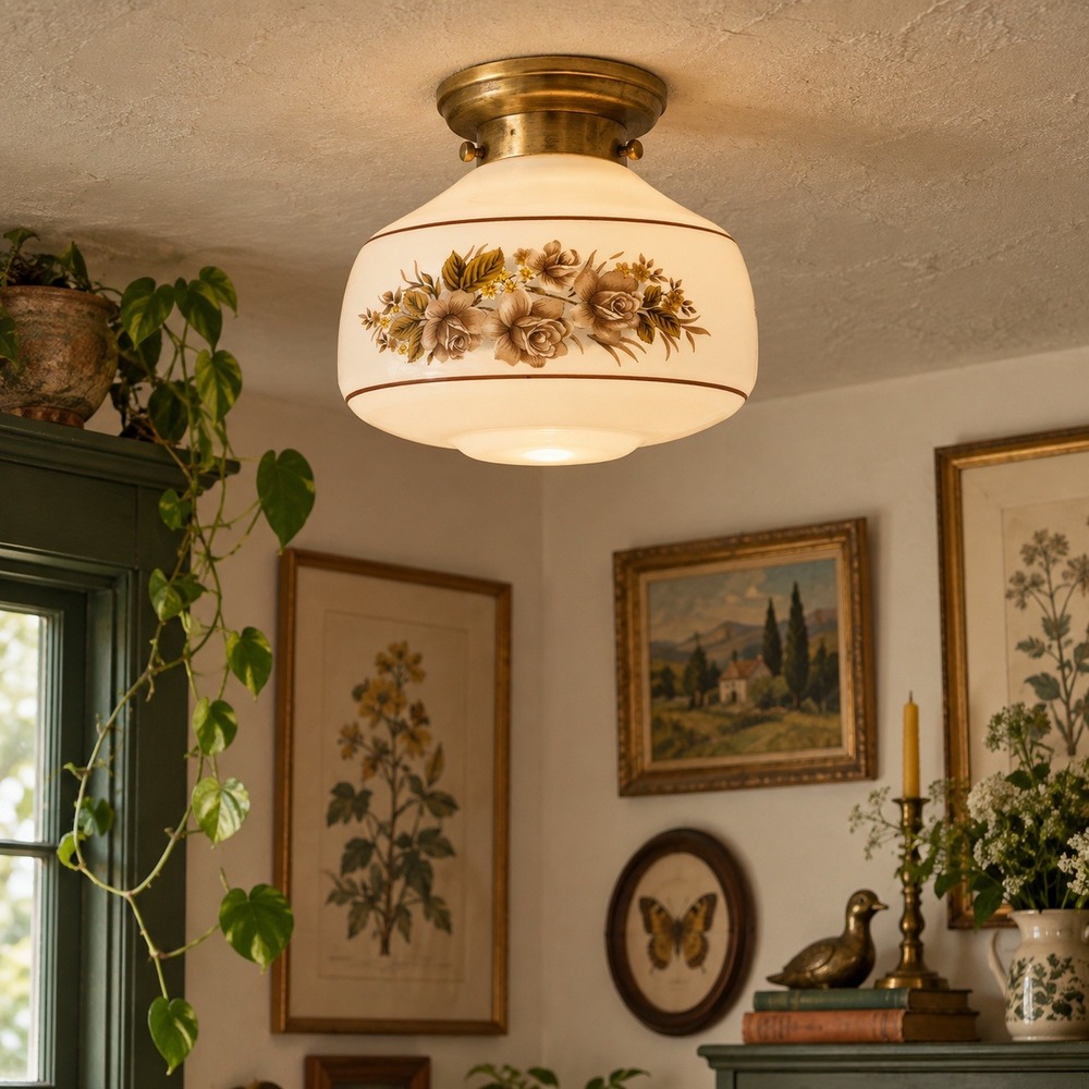 Vintage Floral Milk Glass Ceiling Light Shade, 3.75 Inch Fitter Retro Globe